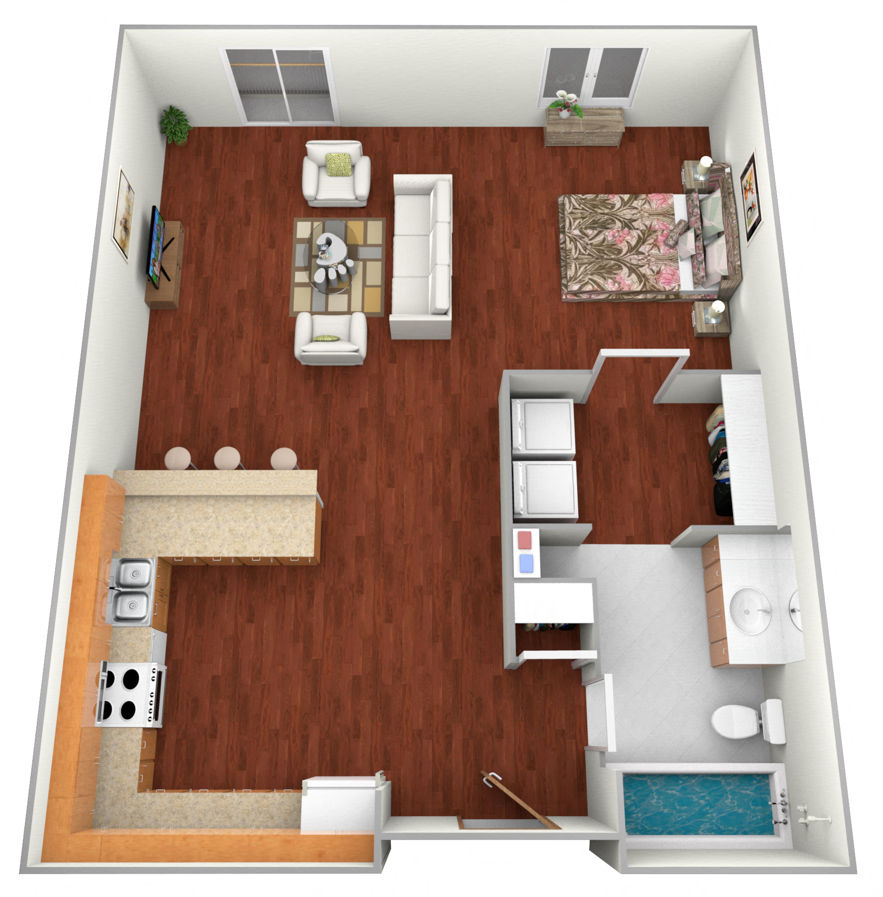 Floor plan for studio, 1 bath, 566 sqft